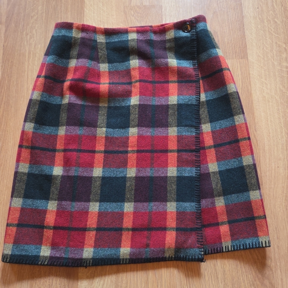 Charter Club Plaid Wool Wrap Skirt Size 12 Pencil Lined Black Red Multicolored